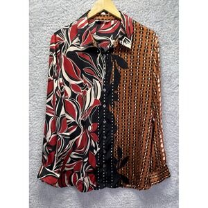 Soft Surroundings Long‎ Sleeve Button Up 100% Silk Tigris Contrast Print Large